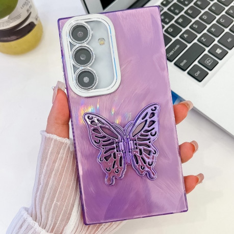 Противоударный чехол Plating Glitter Texture Butterfly для Samsung Galaxy S25 5G - Purple Feather Yarn