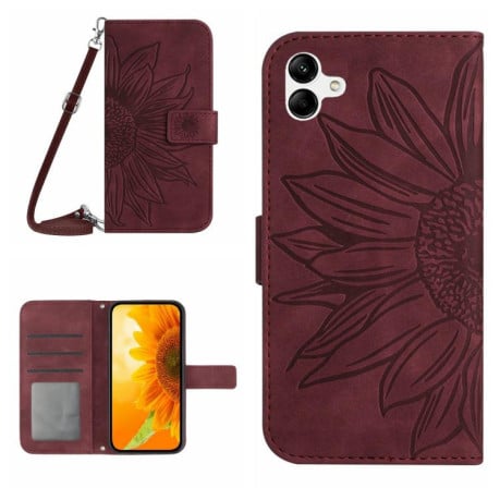 Чохол-книжка Skin Feel з малюнком соняшника на Samsung Galaxy A07 5G - винно-червоний