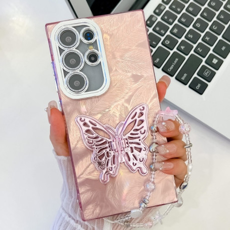 Протиударний чохол Plating Glitter Lens Film Texture Butterfly Holder Wristband  для Samsung Galaxy S25 Ultra 5G - Pink Feathers