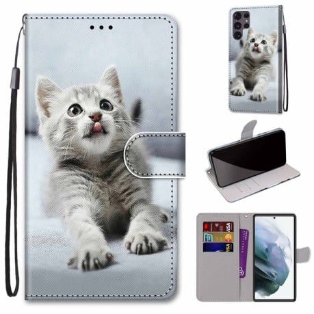 Чохол-книжка Coloured Drawing Cross Samsung Galaxy S22 Ultra 5G - Small Grey Cat