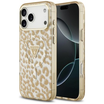 Оригинальный чехол Guess IML Leopard Glitter Triangle Logo MagSafe на iPhone 17 Pro / 18 Pro - Brown