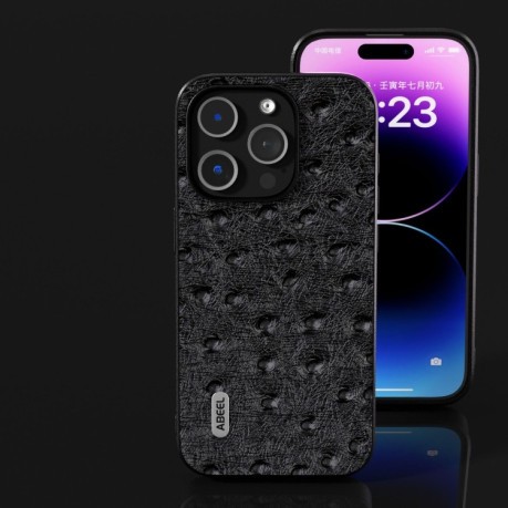 Кожаный чехол ABEEL Genuine Leather Ostrich Texture для iPhone 15 Plus - черный