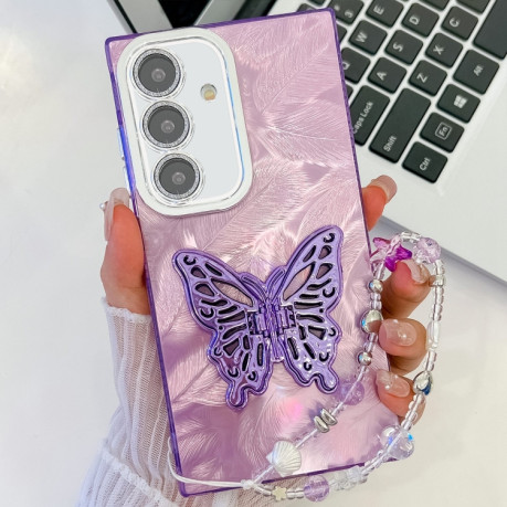 Противоударный чехол Plating Glitter Lens Film Texture Butterfly Holder Wristband для Samsung Galaxy S24 FE 5G