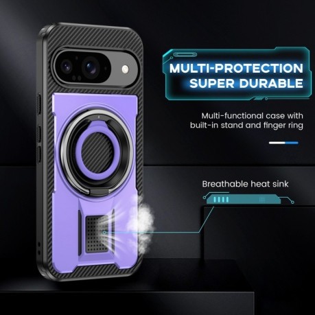 Противоударный чехол Ring Holder Carbon Fiber PC Hybrid TPU для Google Pixel 9 / 9 Pro - фиолетовый