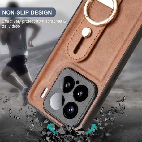 Противоударный чехол Wristband Leather Back для Xiaomi 15 - коричневый