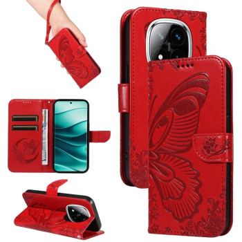 Чехол-книжка Swallowtail Butterfly Embossed Leather для Xiaomi Redmi Note 14 Pro / 14 Pro+ 5G - красный