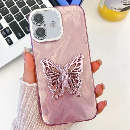 Противоударный чехол Plating Glitter Texture Butterfly для iPhone 16 - Pink Feather Yarn