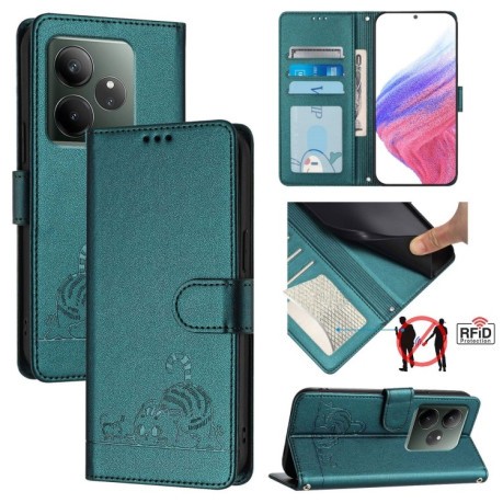 Чехол-книжка Cat Embossing Pattern на Realme GT 6T 5G Global - Peacock Green