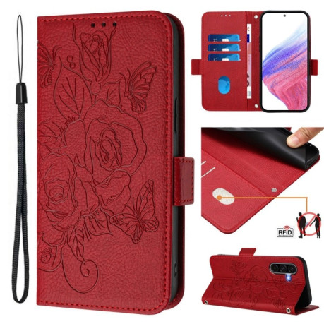 Чехол-книжка Embossed Rose RFID Anti-theft Leather для Samsung Galaxy A56 5G - красный
