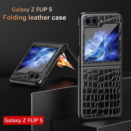 Противоударный чехол Crocodile Texture Leather Folding для Samsung Galaxy Flip 5 - черный