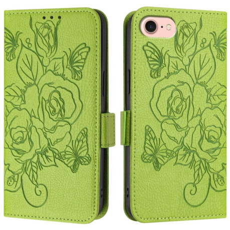 Чехол-книжка Embossed Rose RFID Anti-theft Leather для iPhone 16e - зеленый