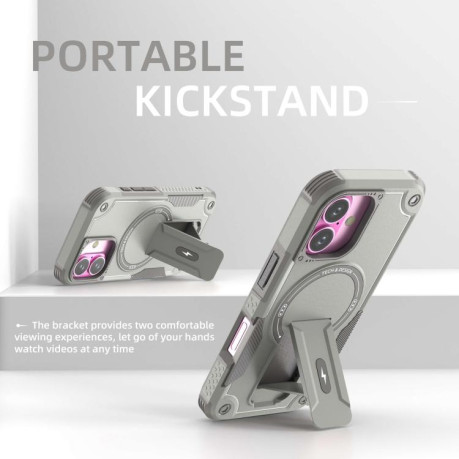 Противоударный чехол MagSafe Holder Armor PC Hybrid для iPhone 17 - серый