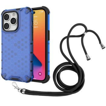 Противоударный чехол Honeycomb with Neck Lanyard для  iPhone 14 Pro - синий