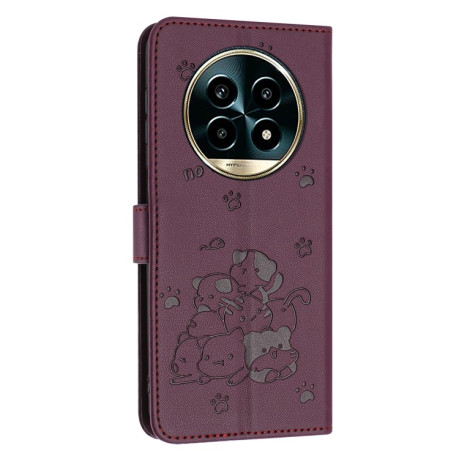 Чохол-книжка Embossed Kitten Phone Leather Case with Lanyard для Realme 13 Pro 5G - винно-червоний