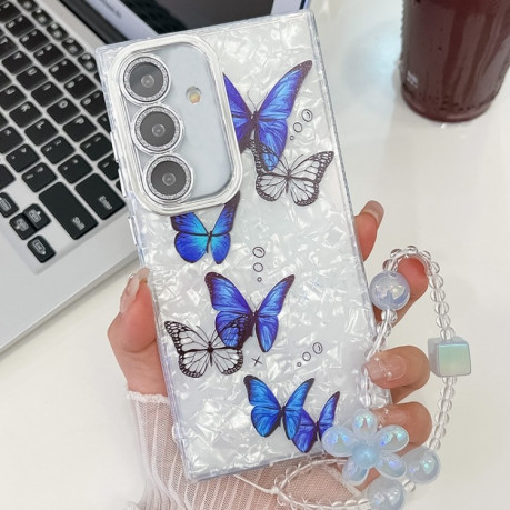 Противоударный чехол Plating Glitter Lens Film Texture Butterfly Holder Wristband для Samsung Galaxy S25+ 5G - Blue Butterflies