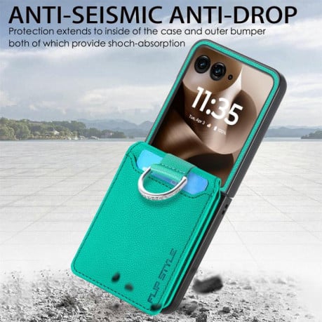 Противоударний чехол Litchi Texture Leather Ring Wallet на Motorola Razr 60 Ultra - зелений