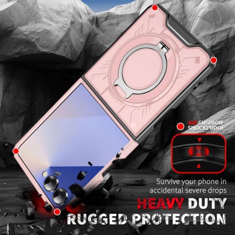 Ударозахисний чохол Transparent MagSafe Magnetic Rotating Ring Holder для Samsung Galaxy Flip 7 5G - рожевий