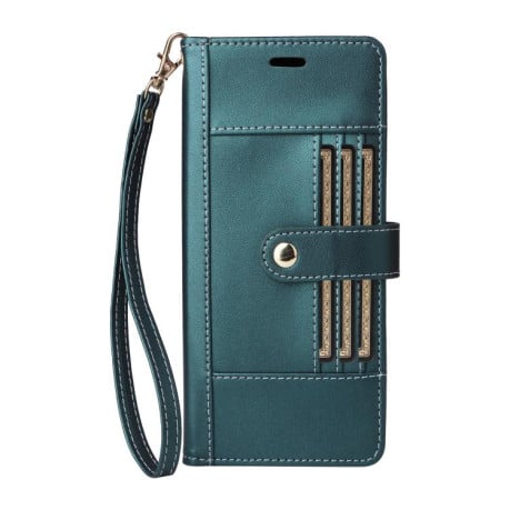 Чехол-книжка Six Card Slots Buckle Leather with Lanyard на Realme C75 - зеленый
