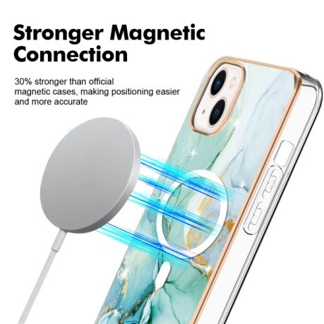 Противоударный чехол Marble Pattern Dual-side IMD Magsafe для iPhone 15 - зеленый