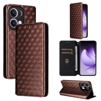 Чехол-книжка Cubic Grid Texture Flip Leather для OPPO Reno13 Pro 5G - коричневый