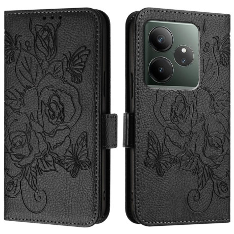 Чехол-книжка Embossed Rose RFID Anti-theft Leather для Realme GT 6T 5G Global - черный