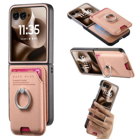 Противоударный чехол Twill Fabric Card Bag Ring Magnetic для Motorola Moto Razr 60 Ultra 5G - рожевий