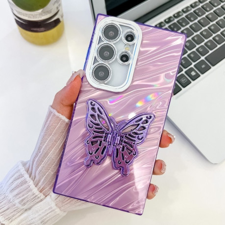 Противоударный чехол Plating Glitter Texture Butterfly для Samsung Galaxy S25 Ultra 5G - Purple Water Ripples