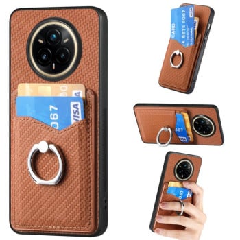 Противоударный чехол Carbon Fiber Card Wallet Ring Holder для Realme 14 Pro+ - коричневый