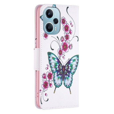 Чехол-книжка Colored Drawing Pattern для Xiaomi Poco F5 5G / Redmi Note 12 Turbo - Flowers Butterfly