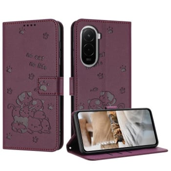 Чехол-книжка Embossed Kitten Phone Leather на Xiaomi Poco M7 4G 169mm — бордовый