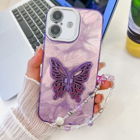 Противоударный чехол Plating Glitter Lens Film Texture Butterfly Holder Wristband для iPhone 16 - Purple Feathers