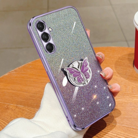 Противоударный чехол Plated Gradient Glitter Butterfly Holder для Samsung Galaxy A16 5G - фиолетовый