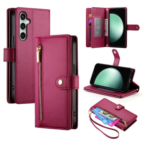 Чехол-кошелек Nine Card-slot Zipper Wallet Bag Leatherдля Samsung Galaxy S24 FE 5G - красный