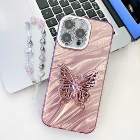 Протиударний чохол Plating Glitter Lens Film Texture Butterfly Holder Wristband для iPhone 16 Pro - Pink Water Ripples