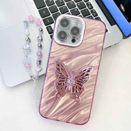 Противоударный чехол Plating Glitter Lens Film Texture Butterfly Holder Wristband для iPhone 16 Pro Max - Pink Water Ripples