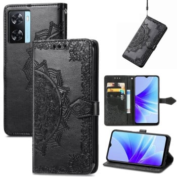 Чехол-книжка Lucky Clover Halfway Mandala Embossing Pattern на OnePlus Nord N20 SE/OPPO A57s/57 4G/57 5G/Realme Narzo 50 - черный