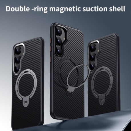 Чохол Double Ring MagSafe Holder Carbon Fibre  для Samsung Galaxy S25+ 5G - сріблястий
