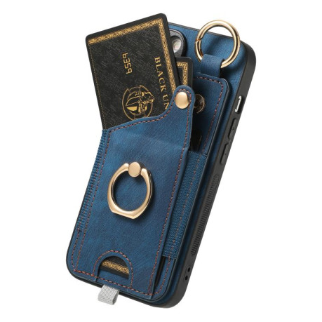Чехол Retro Skin-feel Ring Card Bag для iPhone 16e - синий