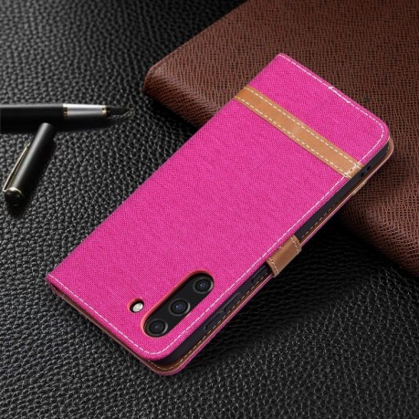 Чехол-книжка Color Matching Denim Texture на Samsung Galaxy S21 FE - пурпурно-красный