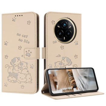 Чехол-книжка Embossed Kitten Phone Leather для Realme 14 Pro+ - бежевый