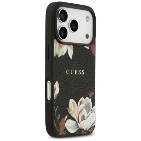 Оригинальный чехол Guess Grained Flowers Classic Logo с MagSafe на iPhone 17 Pro - black