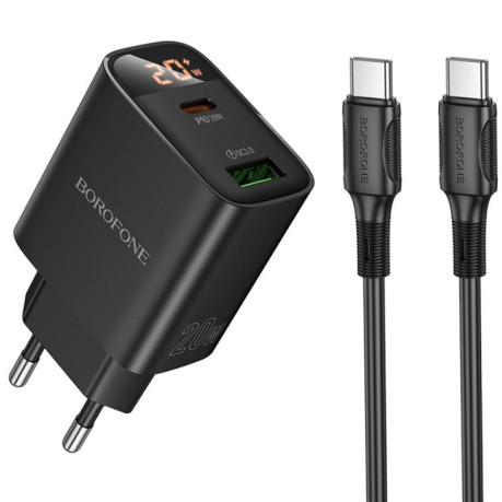 Зарядка Borofone BA96A с дисплеем PD20W+QC3.0 (1USB-A/1C) + кабель Type-C - Type-C - черная