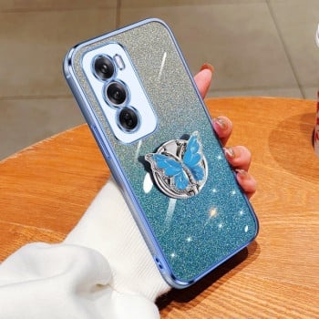 Противоударный чехол Plated Gradient Glitter Butterfly Holder для OPPO Reno 12 Global - голубой