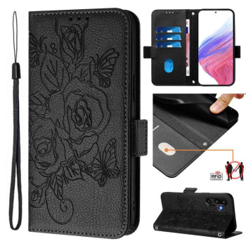 Чехол-книжка Embossed Rose RFID Anti-theft Leather для на Samsung Galaxy F16 5G/M16 5G Global - черный
