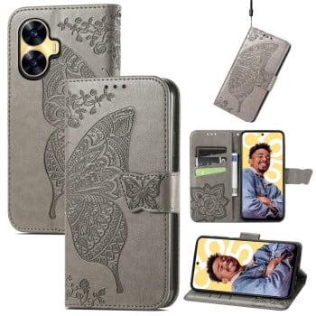 Чохол-книжка Butterfly Love Flower Embossed для Realme C55 - сірий