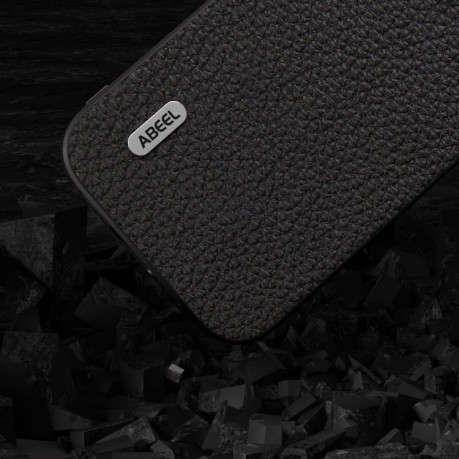 Противоударный чехол ABEEL Genuine Leather Litchi Texture для iPhone 15 Plus - черный