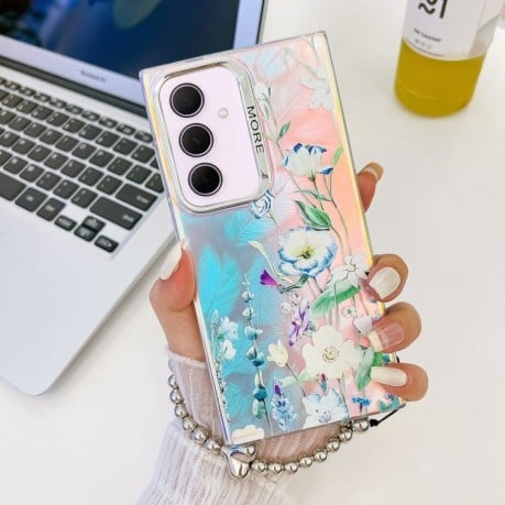 Чехол Electroplating Laser Flower Phone Case with Wrist Strap на Samsung Galaxy A35 5G - Blue Flower