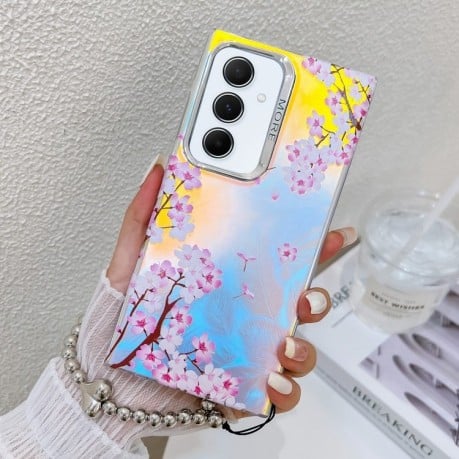 Чохол Electroplating Laser Flower Phone Case with Wrist Strap для Samsung Galaxy A55 5G - Peach Blossom