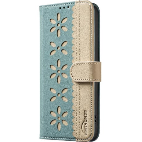 Чехол-книжка Splicing Color Hollow Flower Pattern RFID для Xiaomi Poco F7 5G - зеленый