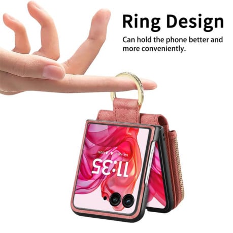 Чехол Cross Leather Ring Vertical Zipper Wallet для Motorola Razr 60 Ultra - розовый